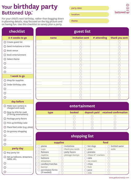 Birthday Party Organizer
 Free printable birthday party checklist form Buttoned Up