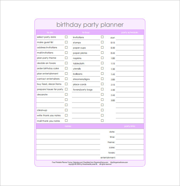 Birthday Party Organizer
 Party Planning Templates 16 Free Word PDF Documents