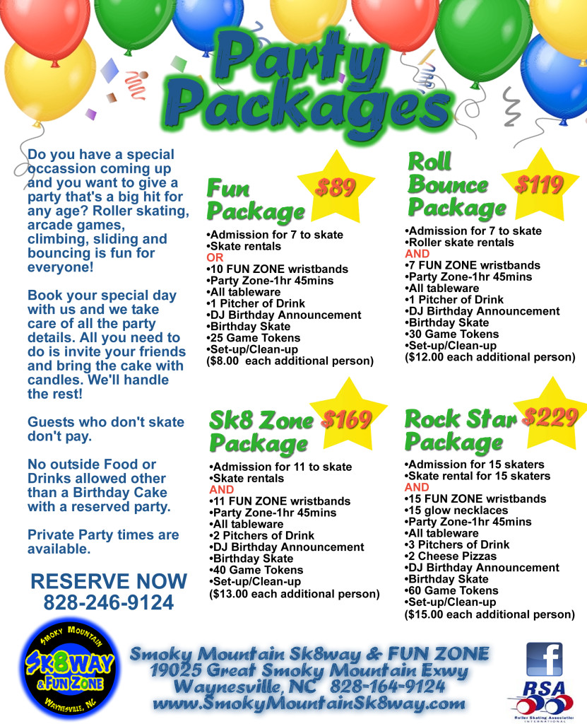 Birthday Party Packages
 Birthday Parties Smoky Mountain Sk8way & Fun Zone