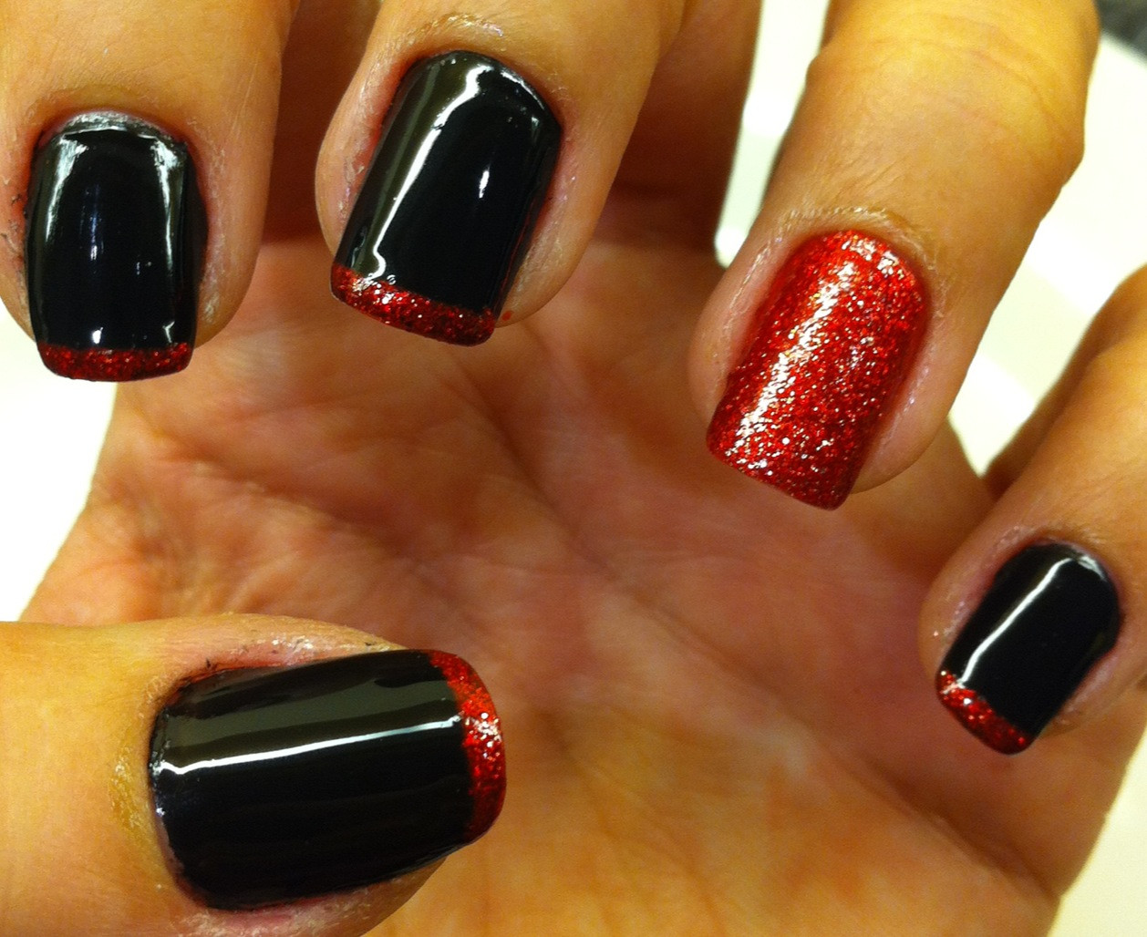 Black And Red Glitter Nails
 Nails of the week – black with red glitter French manicure