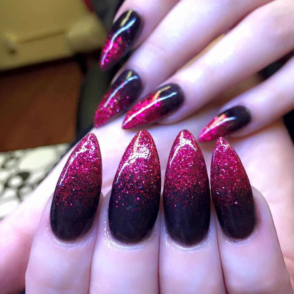 Black And Red Glitter Nails
 red glitter nails ombre nails stiletto shape nails