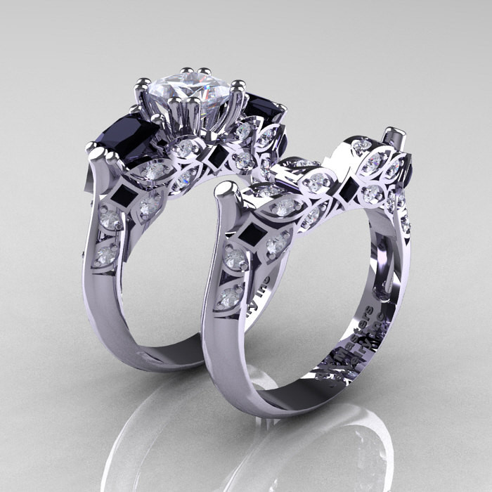 Black And White Diamond Engagement Ring
 Classic 14K White Gold Three Stone Princess CZ Black and
