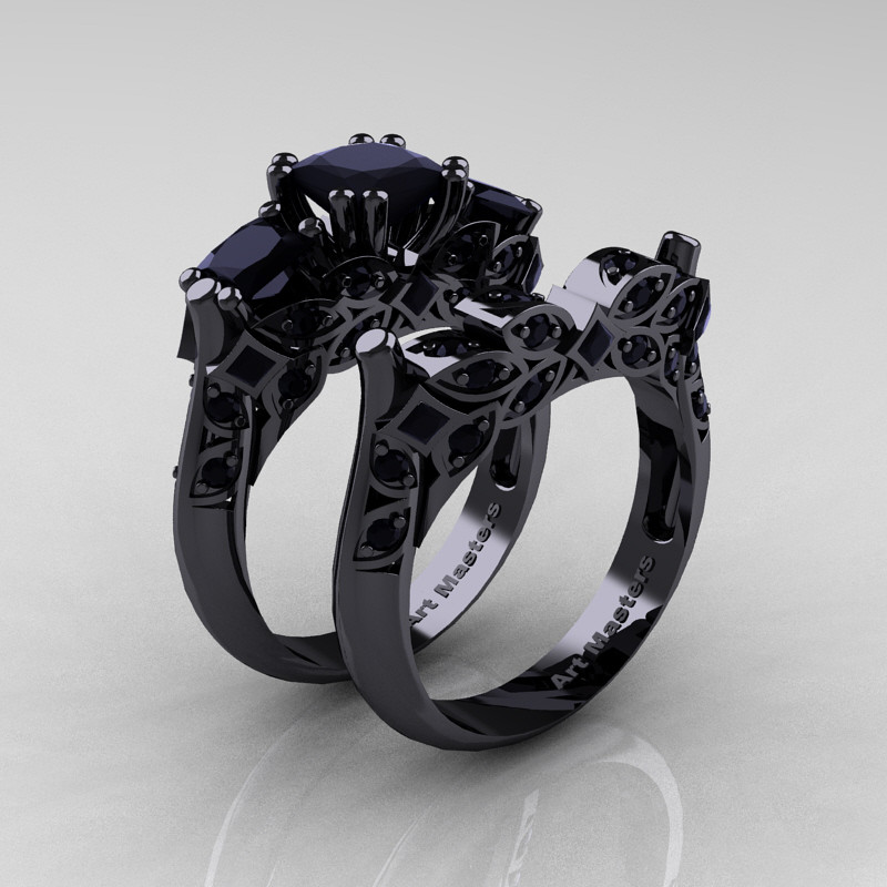 Black Diamond Black Gold Engagement Rings
 Designer Classic 14K Black Gold Three Stone Princess Black