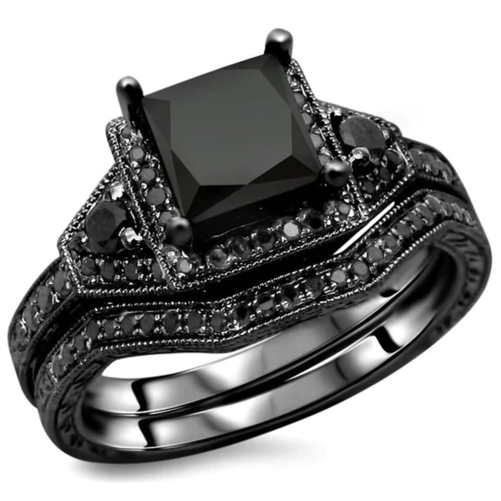 Black Diamond Ring Engagement
 Black Diamond 925 Sterling Silver Engagement Ring Set