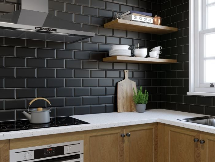 Black Tile Kitchen
 Metro Black Matte Wall Tiles 10x20cm Tiles from £0 32