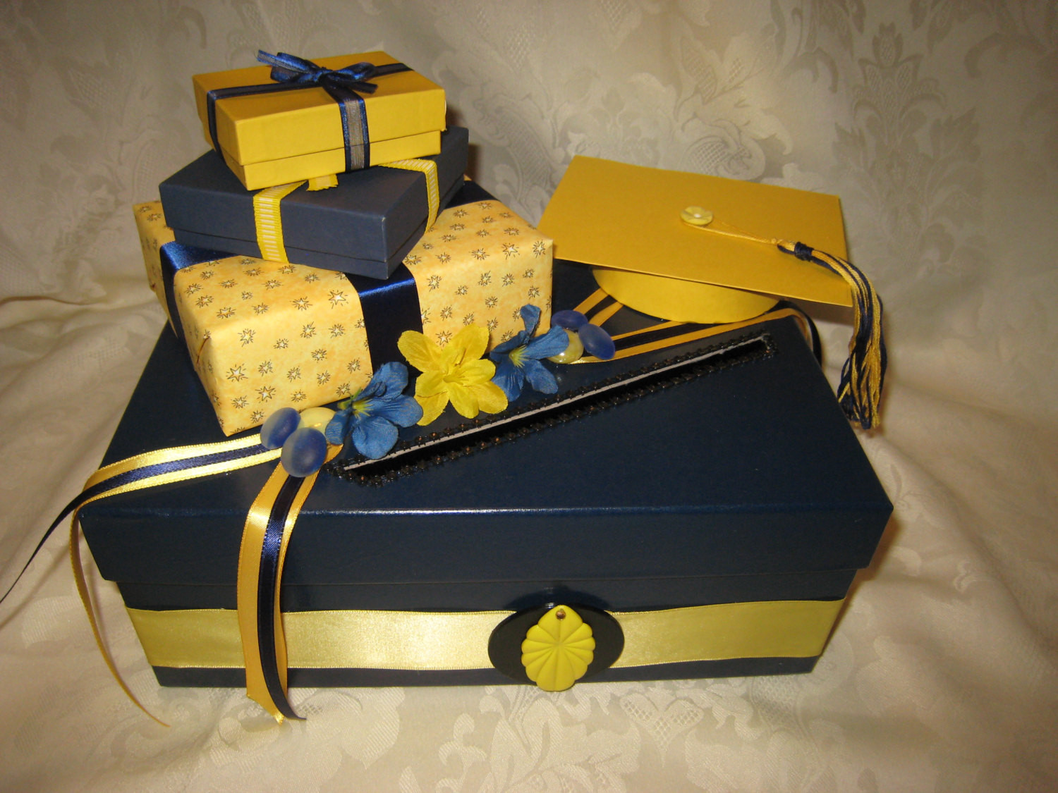 Blue And Gold Graduation Party Ideas
 Navy Blue Gold Yellow Graduation Party Card Box