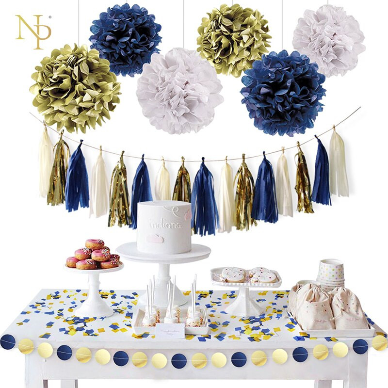 Blue And Gold Graduation Party Ideas
 Nicro 11Pcs Set Gold Dark Blue Paper Flower Tassel Garland
