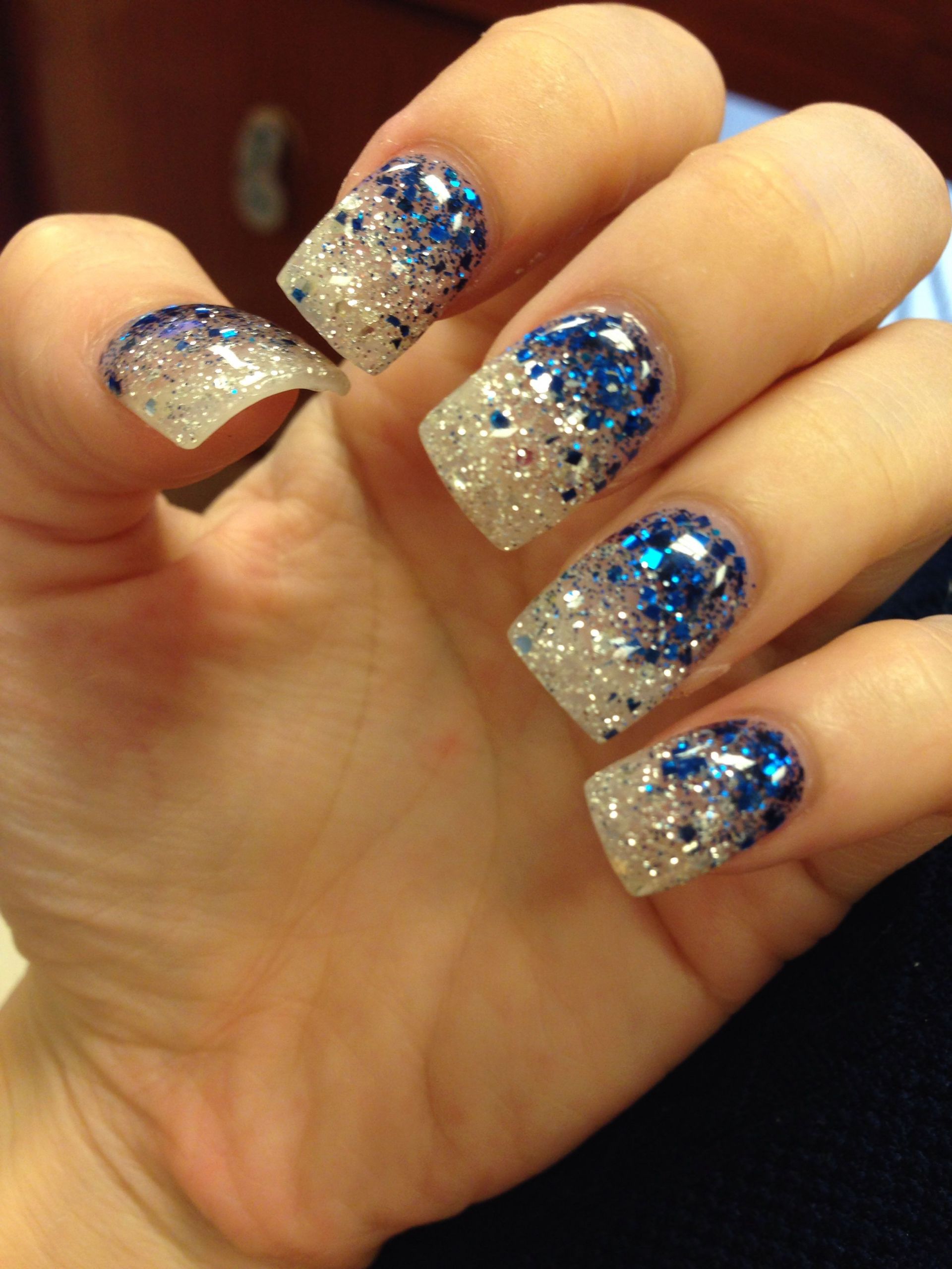 Blue Glitter Acrylic Nails
 My Blue glitter faded acrylic nails