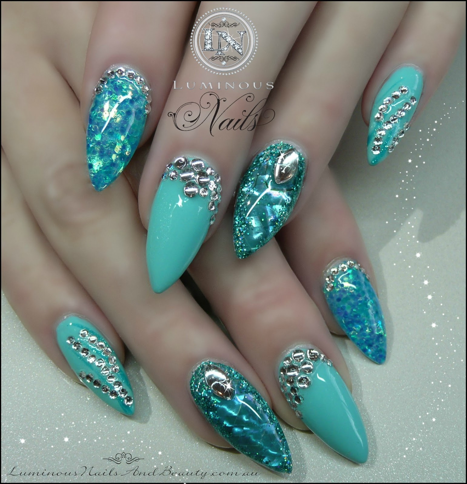 Blue Glitter Acrylic Nails
 Luminous Nails June 2013