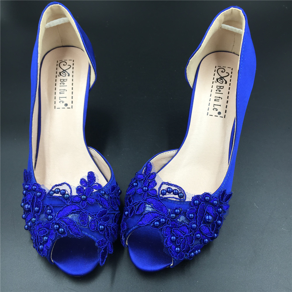 Blue Shoes Wedding
 5cm Heels Royalblue Lace Wedding Shoes Low Heels Bridals