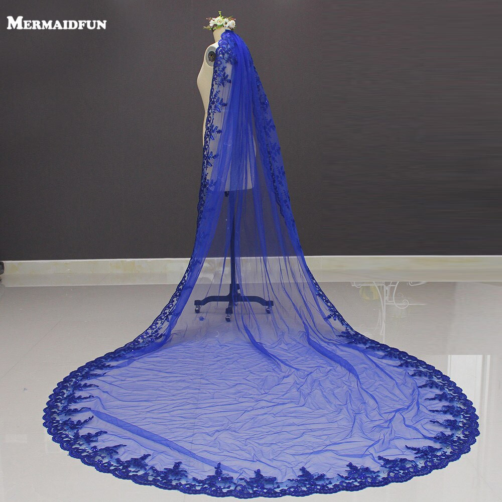 Blue Wedding Veil
 2017 New Royal Blue 3 Meters Bling Sequins Lace Long