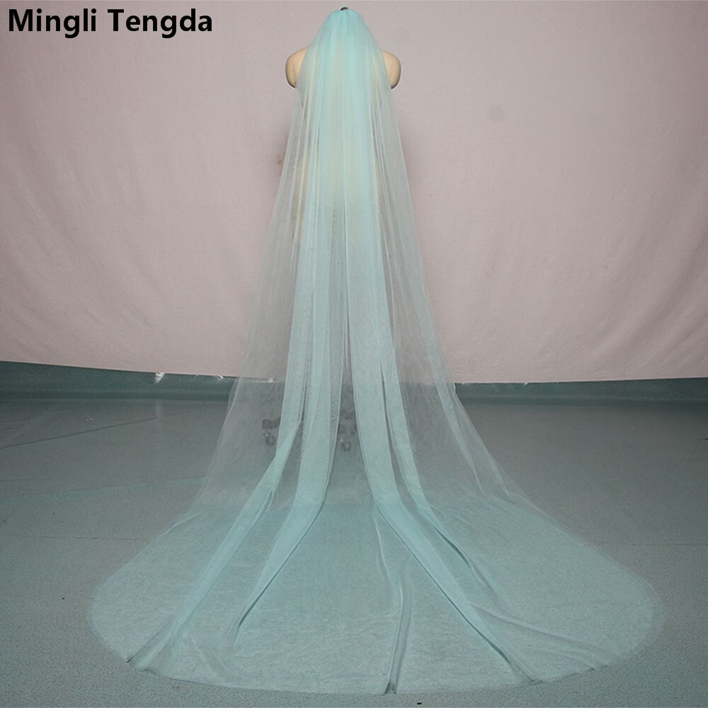 Blue Wedding Veil
 Mingli Tengda Sky Blue Bridal Veil Long Cut Edge Double