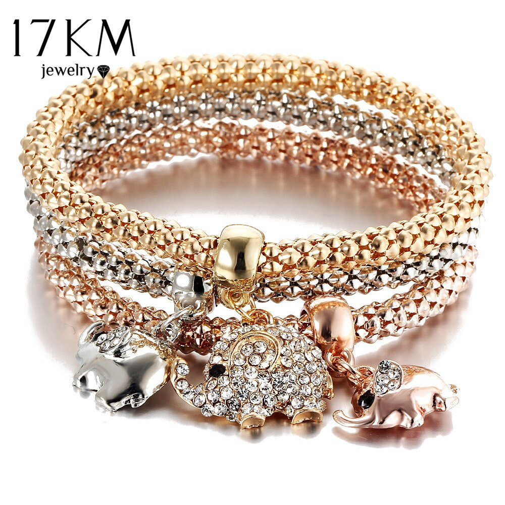 Bracelets For Girls
 17KM New 3Pcs Gold Color Crystal Owl Charm Bracelets For