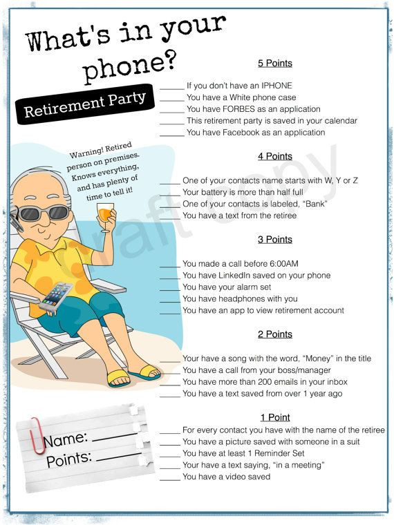 Brainstorming Retirement Party Ideas
 Retirement Party Game Whats in your phone by