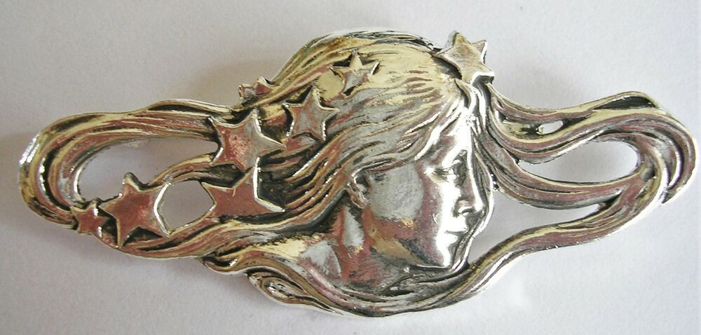 Brooches Art
 ART NOUVEAU STYLE MUCHA SILVER LADY STARS BROOCH PIN NEW