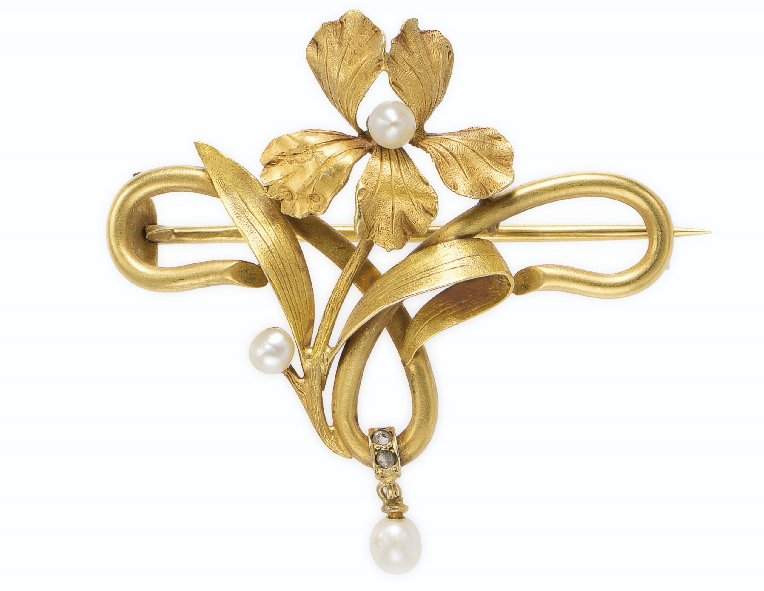 Brooches Art
 AN ART NOUVEAU GOLD AND CULTURED PEARL FLOWER BROOCH