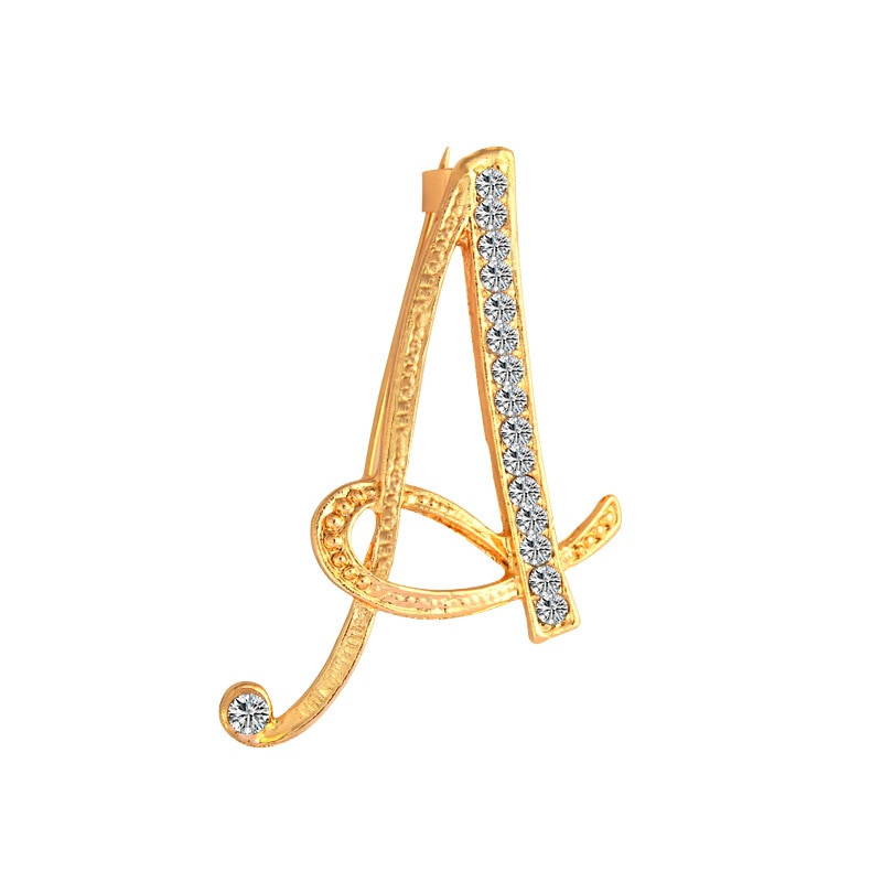 Brooches Name
 SHUANGR New Rhinestone Crystal Brooches Gold Color Initial