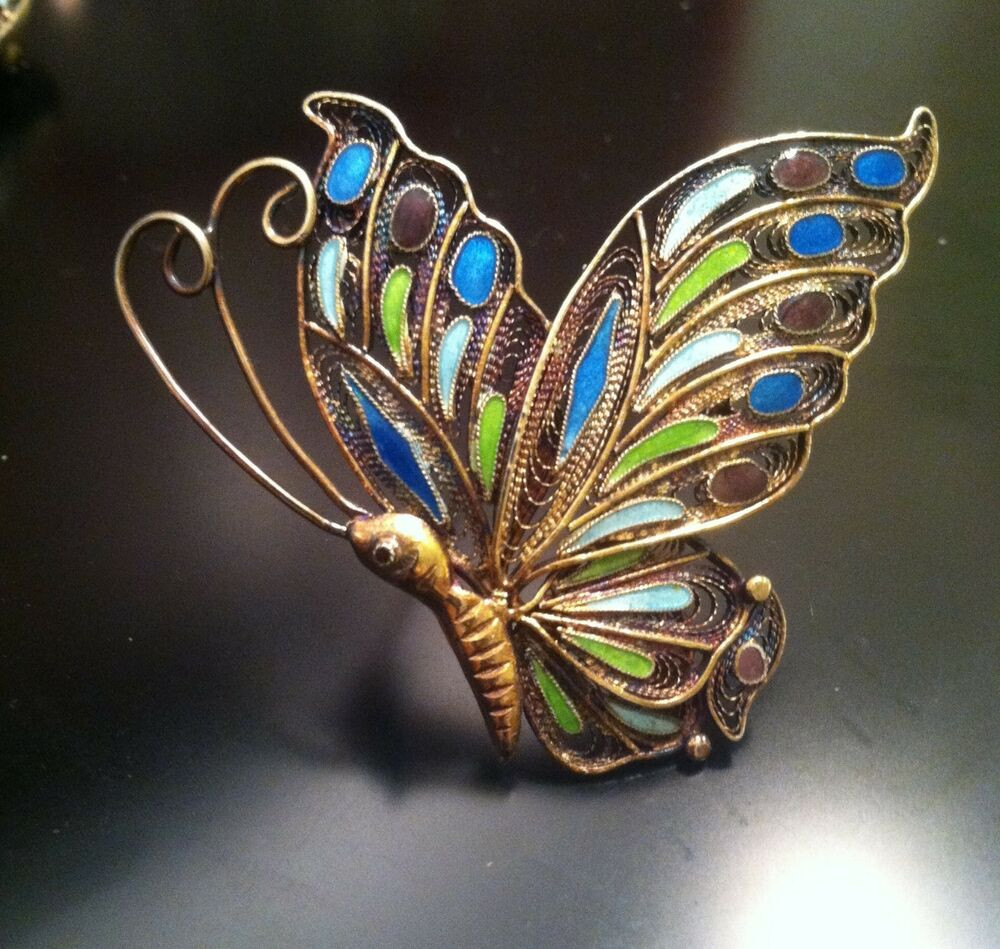 Butterfly Brooches
 Vintage Chinese Export Sterling Silver Enamel Butterfly