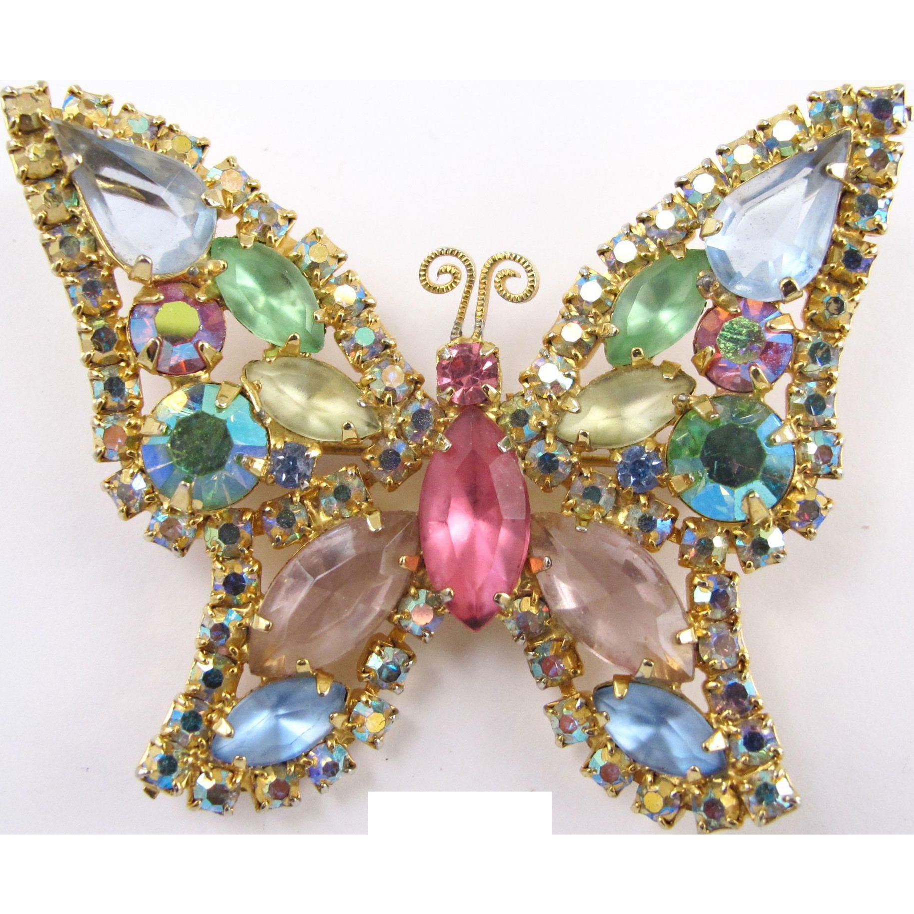 Butterfly Brooches
 Vintage Signed Weiss Pastel Rhinestone Butterfly Brooch