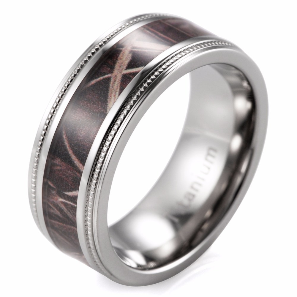 Camo Mens Wedding Band
 8mm Men s Camo Wedding Ring Titanium Milgrain Edges Camo