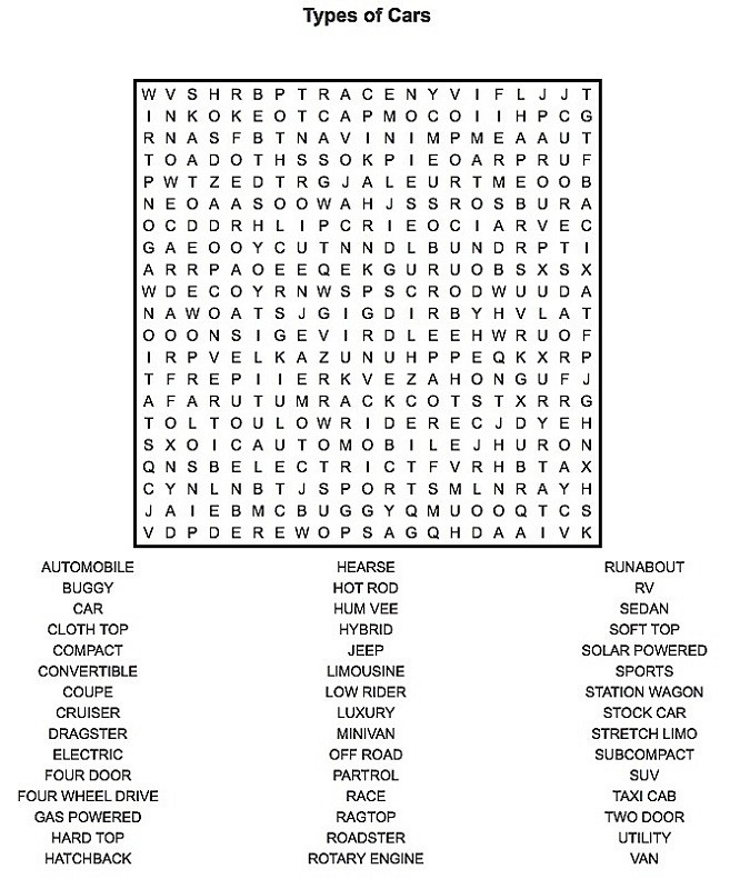Car Activities For Adults
 Car Word Search Free