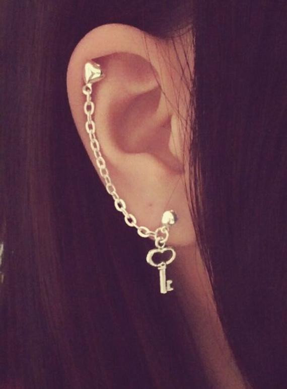 Cartilage Chain Earring
 Heart Key Charm Double Lobe Cartilage Chain by SimplyyCharming