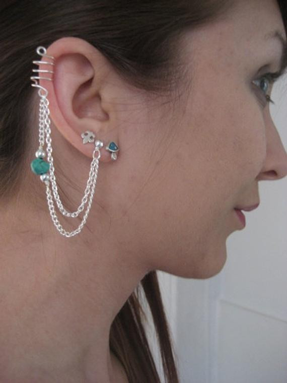 Cartilage Chain Earring
 Cartilage Chain Ear Cuff Wrap Earring Turquoise Stone Beaded