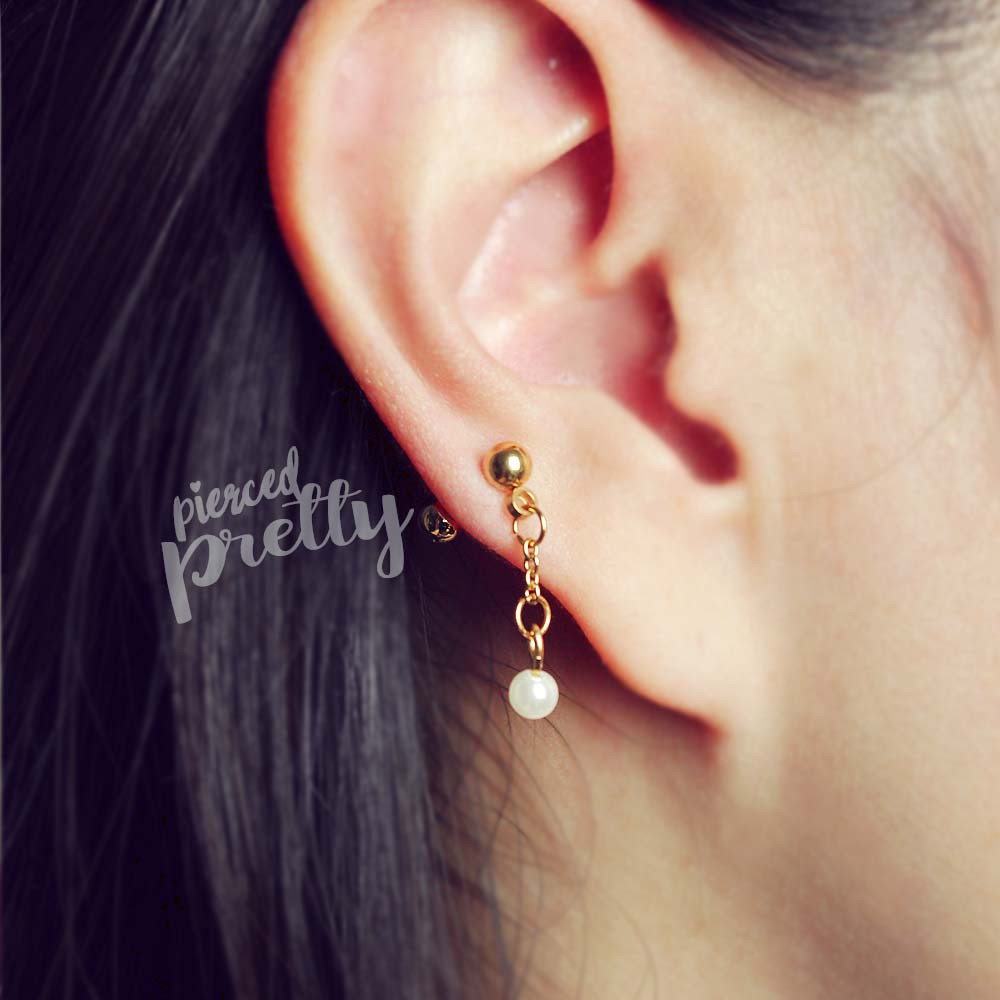 Cartilage Chain Earring
 Pearl dangle chain cartilage earring Gold helix earring