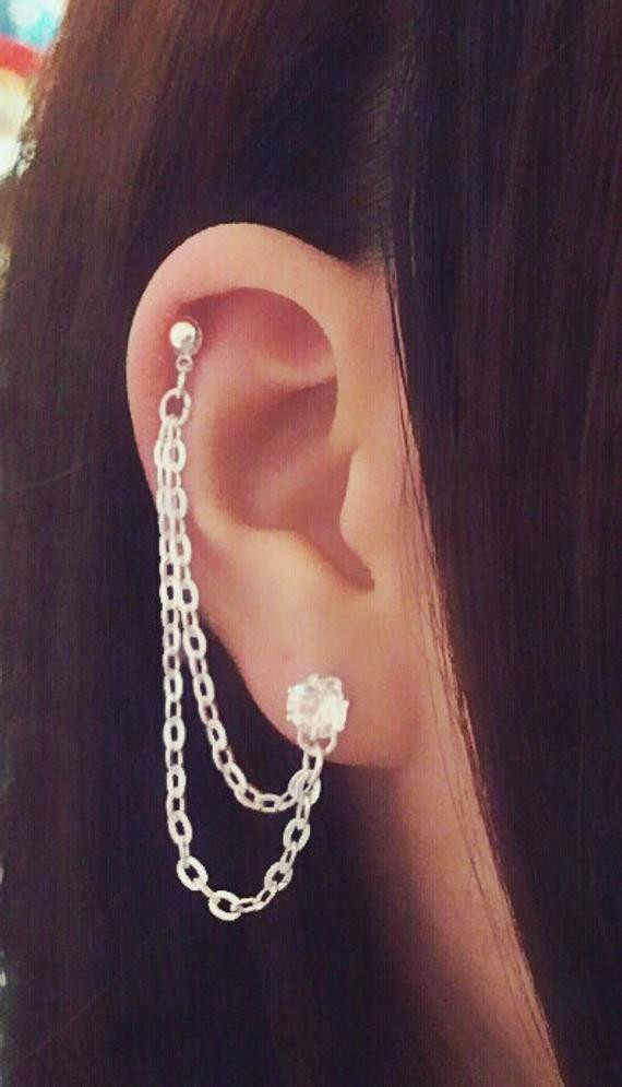 Cartilage Chain Earring
 Rhinestone Cartilage Chain Earrings Double Lobe Helix Ear Cuff
