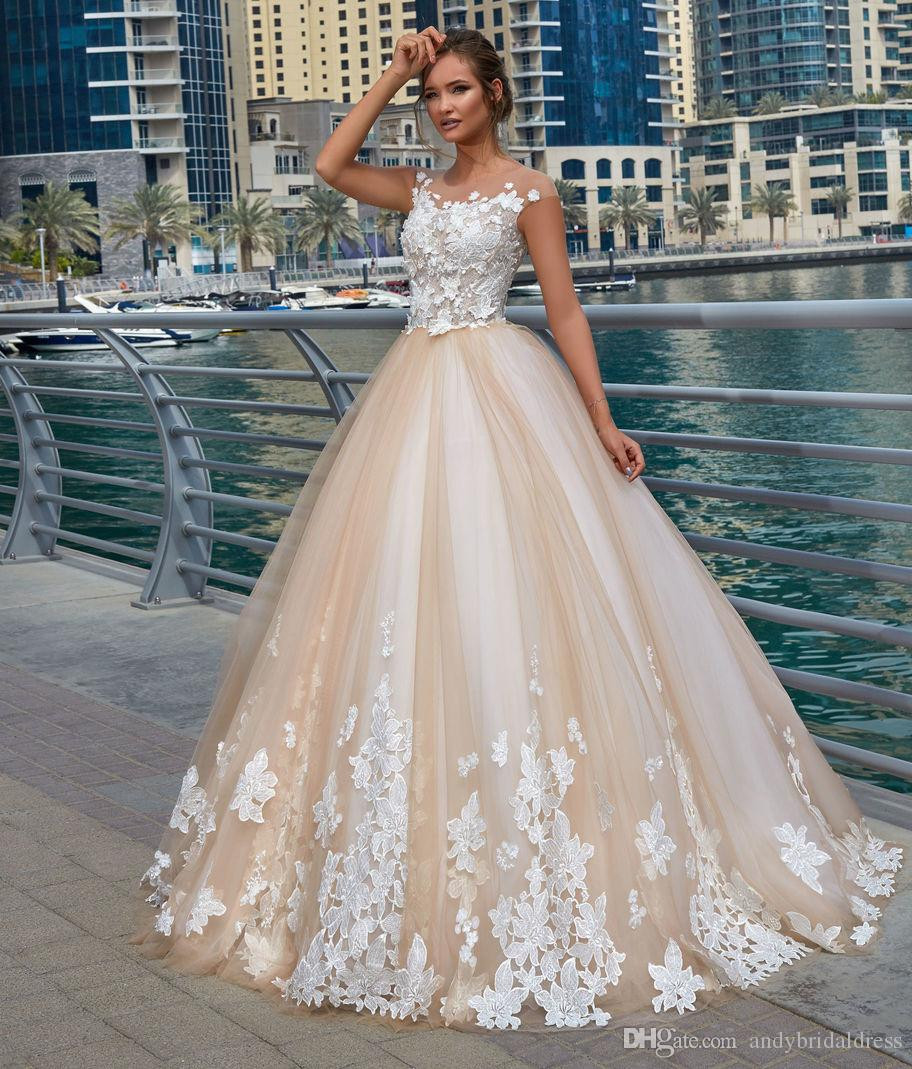 Champagne Wedding Gowns
 2019 New Cap Sleeves Champagne Wedding Dress Ball Gown