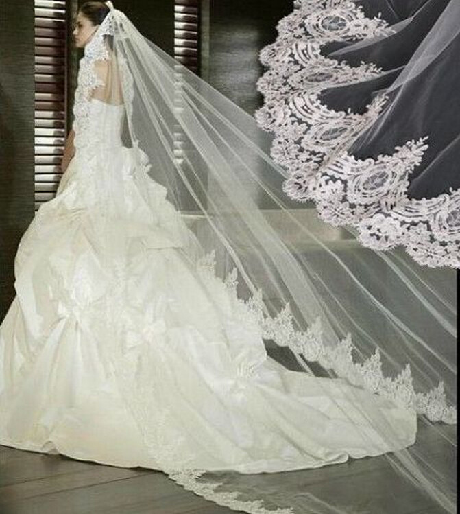 Cheap Wedding Veils For Sale
 Hot Sale Cathedral Wedding Veils Lace Appliques Veil Ivory