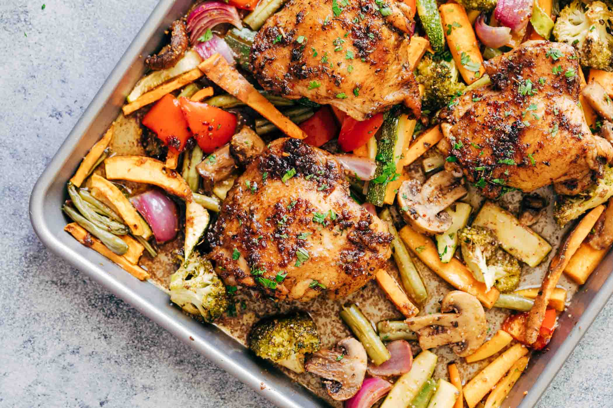 Chicken Thigh Sheet Pan Dinner
 Sheet Pan Honey Balsamic Chicken Thighs with Veggies