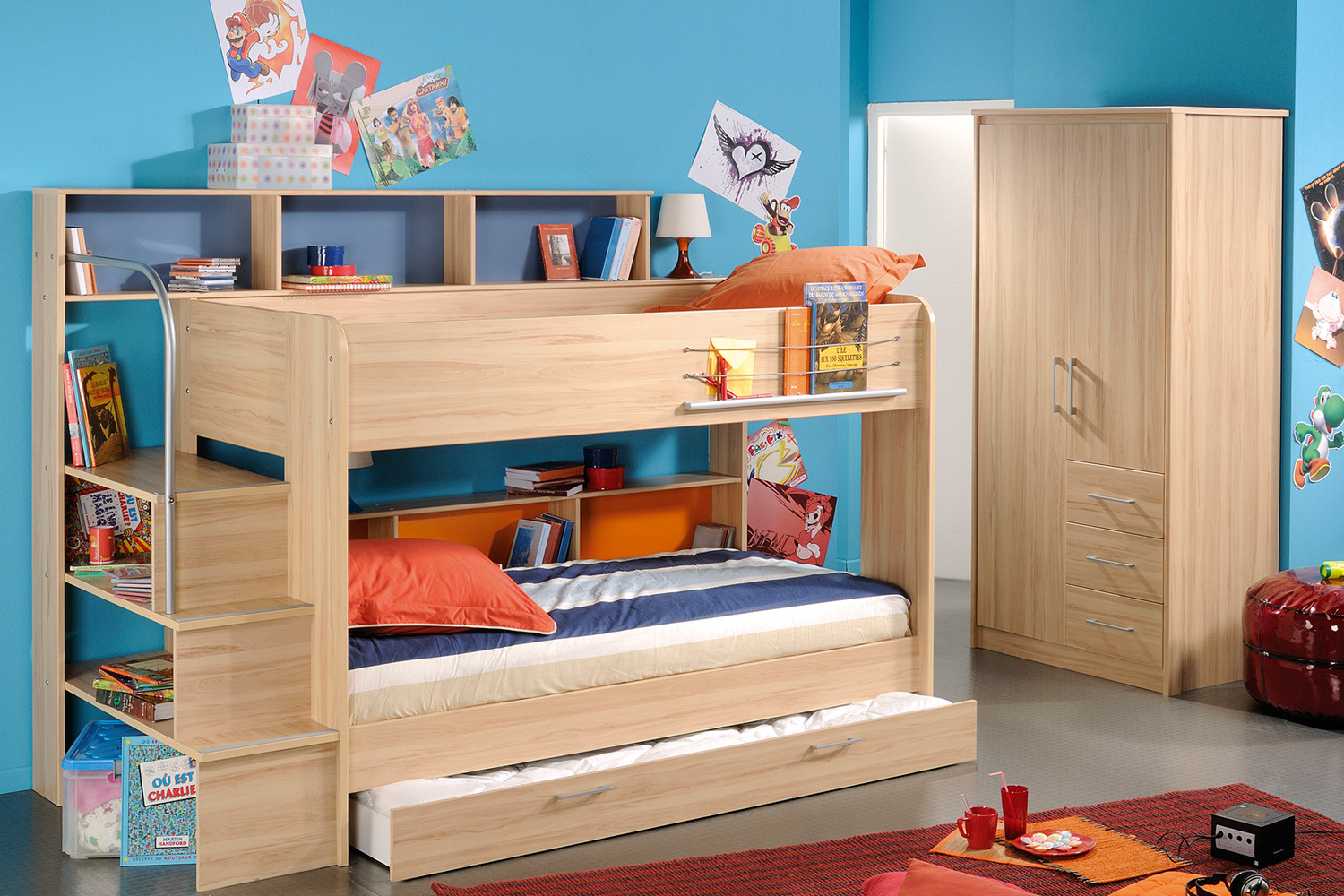 Childrens Bunk Bed With Storage
 Lively Colorful Boys Room Space Saving Bunk Bed Designs