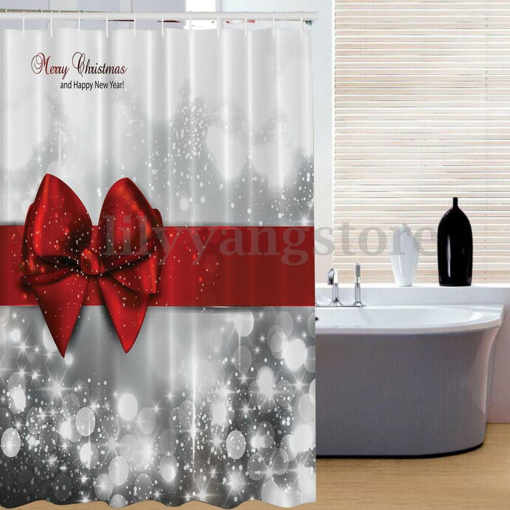 Christmas Bathroom Shower Curtains
 Merry Christmas Red Bow Fabric Bathroom Waterproof Shower
