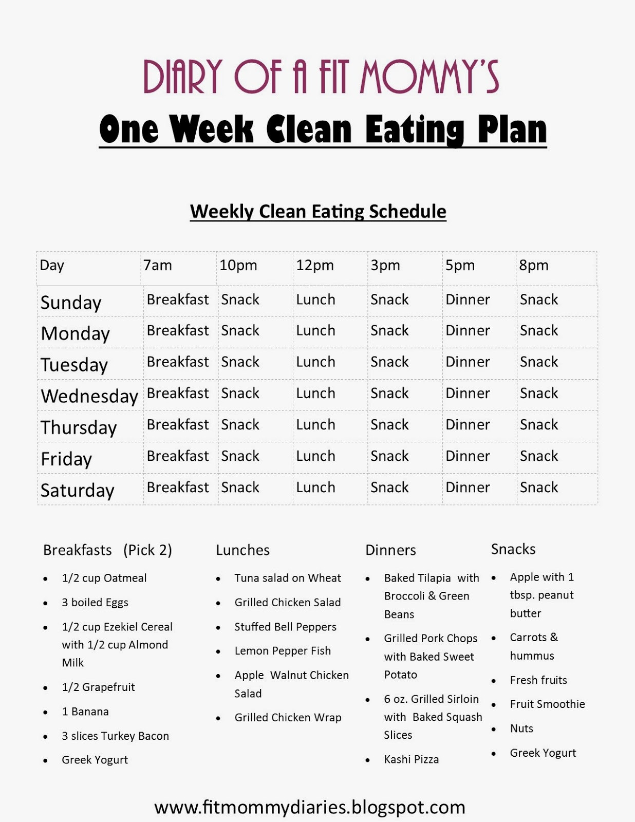 Clean Eating Diet Menu Plan
 Diary of a Fit Mommy Diary of a Fit Mommy s e Week