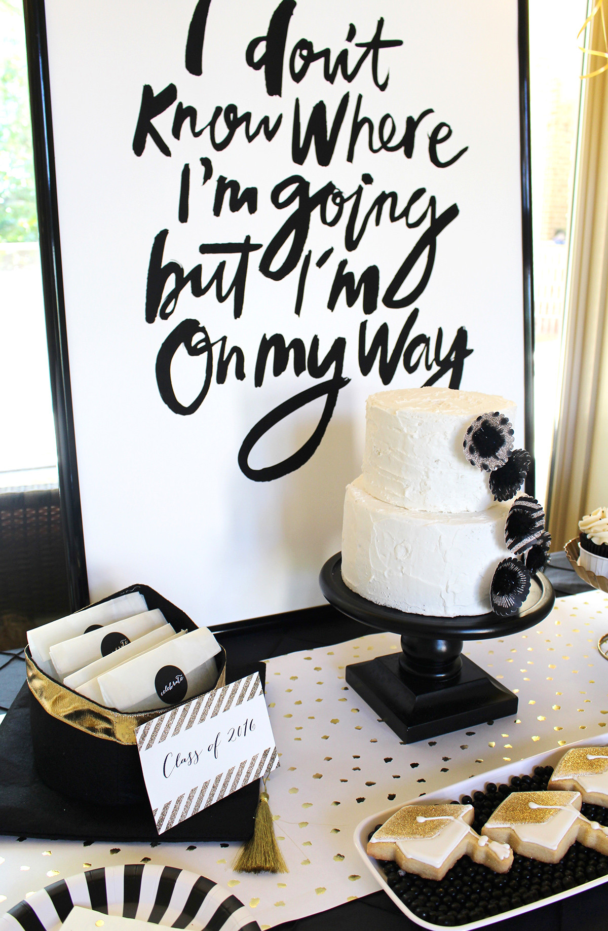 College Graduation Ideas Party
 Stylish Black White Gold Graduation Party