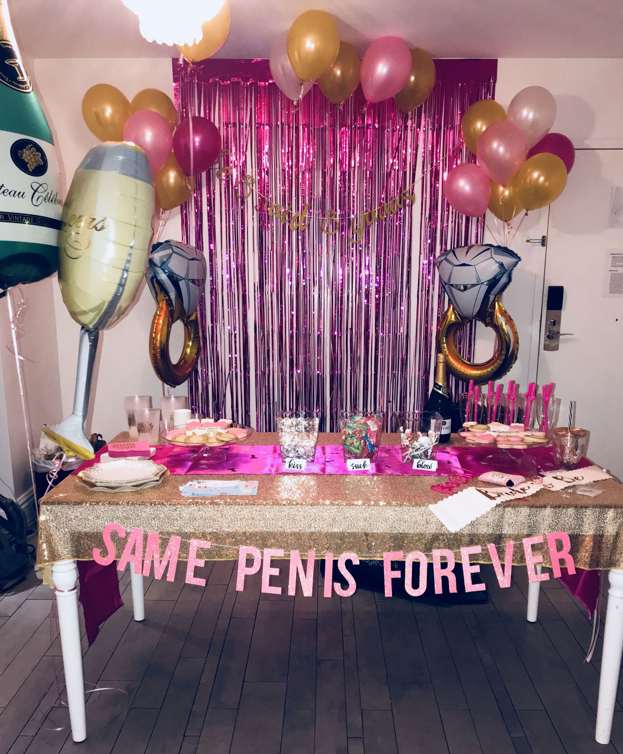 Combo Bachelor Bachelorette Party Ideas
 Bachelorette party setup Gold and pink theme