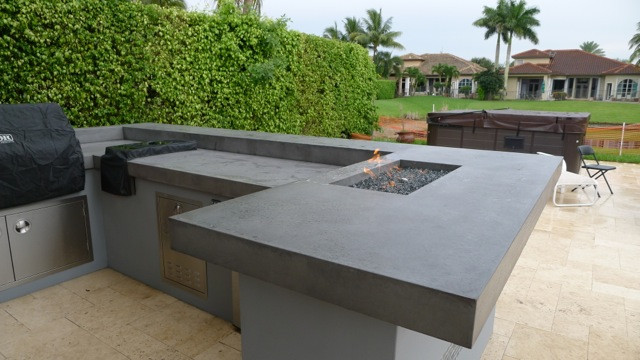 Concrete Outdoor Kitchen
 Firepits built into Concrete Counter tops in Outdoor