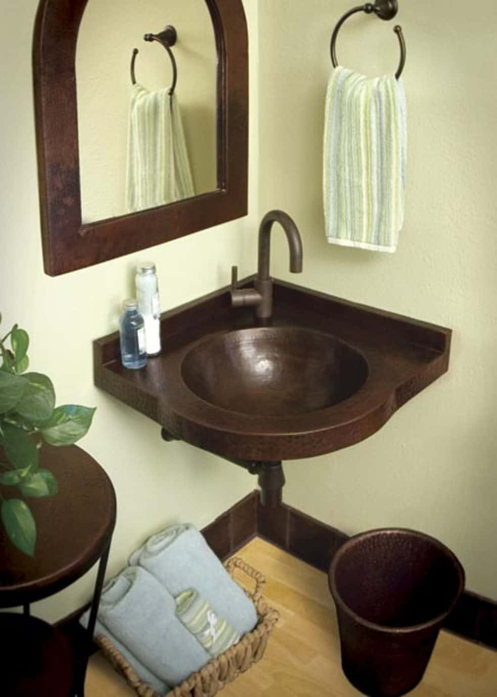 Corner Wall Mount Bathroom Sinks
 Amazing Bathroom With Bronze Framed Mirror And Corner