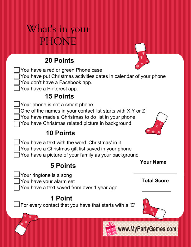 Corporate Holiday Party Game Ideas
 Free Printable What s in Your Phone Christmas Game