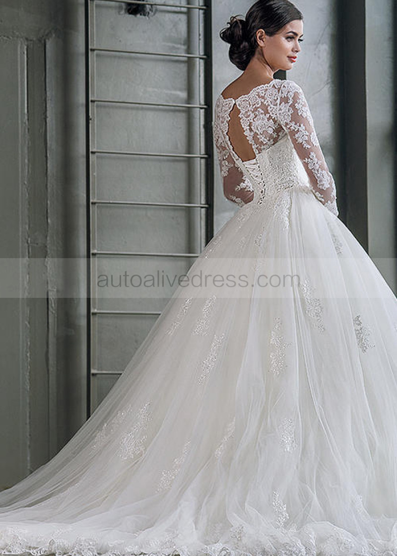 Corset Wedding Gown
 Ball Gown Illusion Neck Long Sleeves Corset Back Ivory