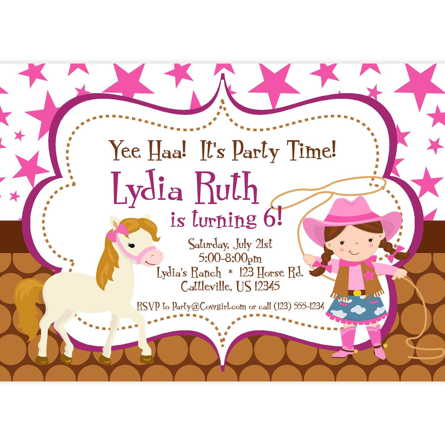 Cowgirl Birthday Invitations
 Cowgirl Invitation Pink Stars and Brown Polka Dot Girl