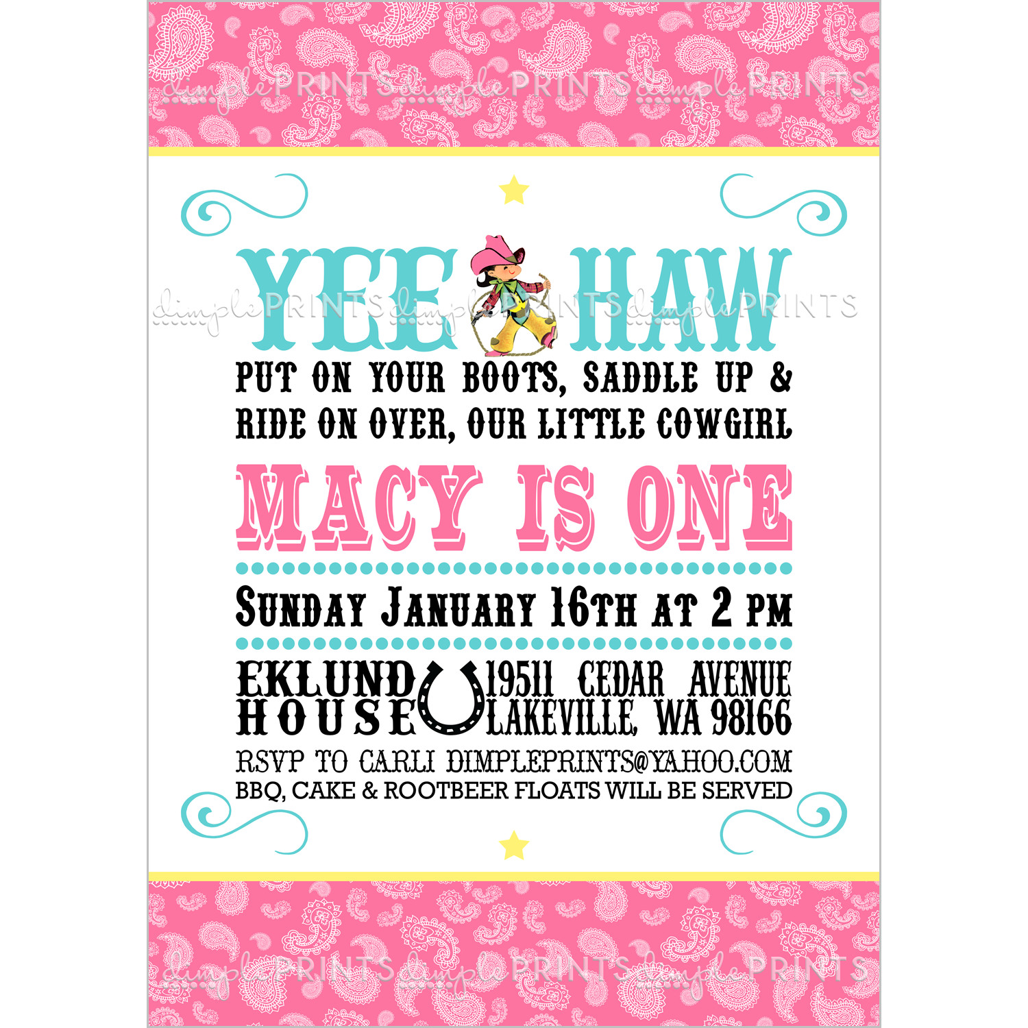 Cowgirl Birthday Invitations
 Cowgirl Birthday Invitation Digital Printable Dimple