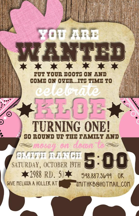 Cowgirl Birthday Invitations
 Custom Cowgirl First Birthday Invitation