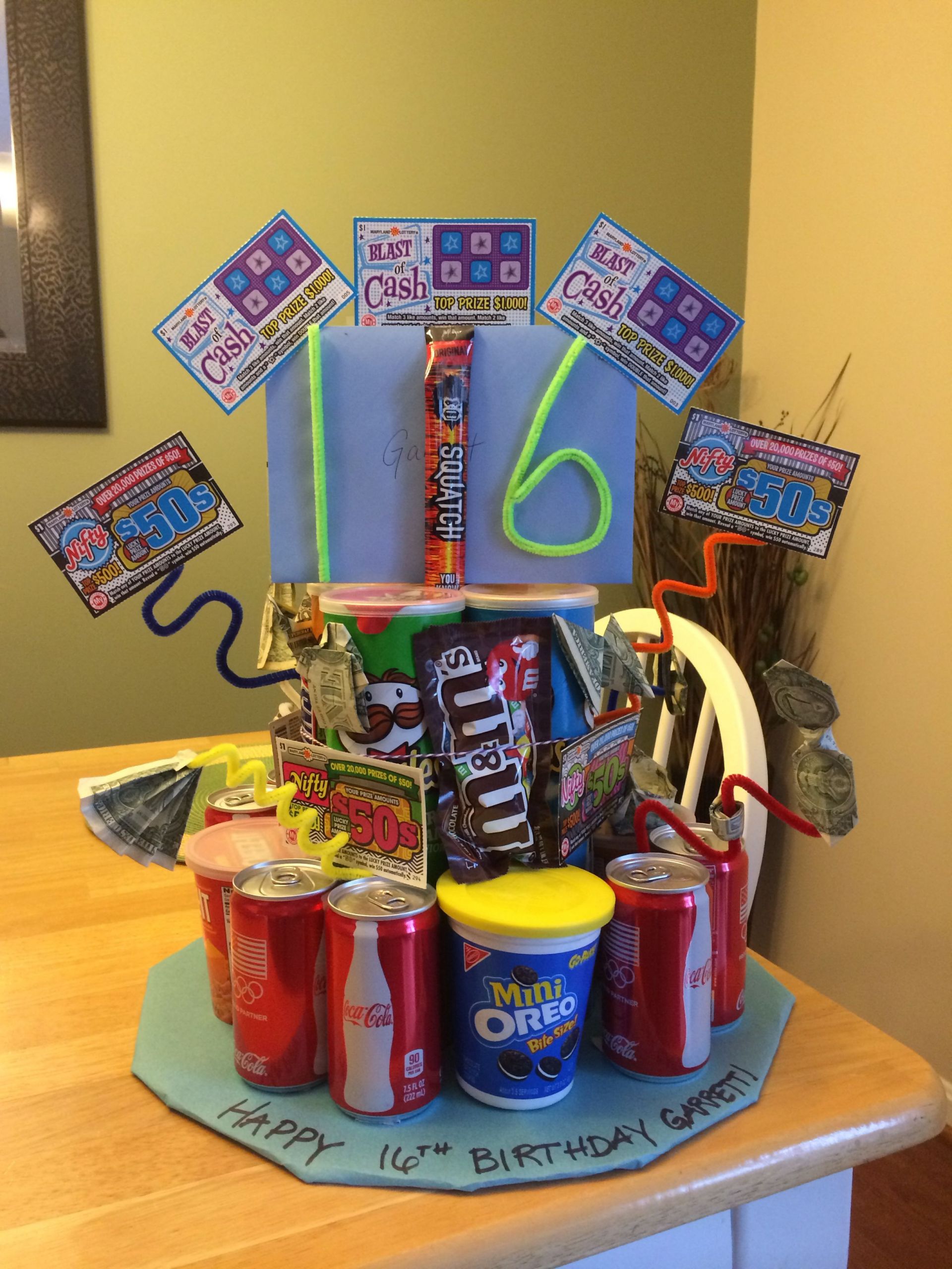 Creative 16Th Birthday Gift Ideas
 16th birthday "cake" for boy Pringles soda cookies