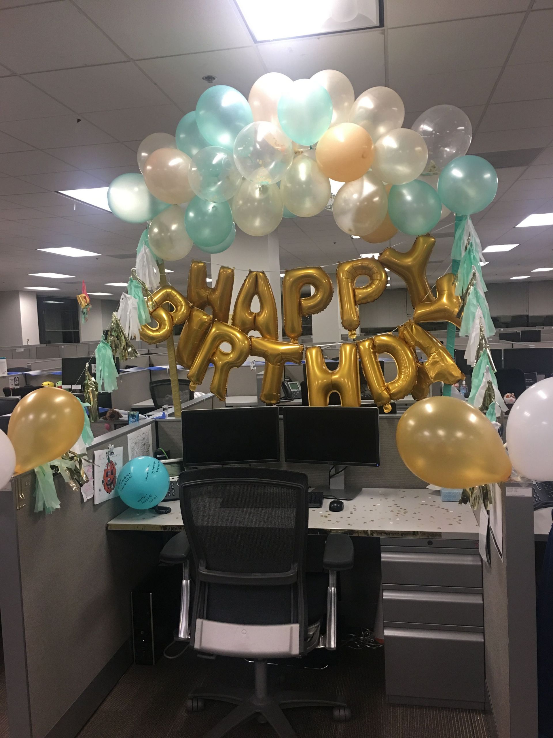 Cubicle Birthday Decorations
 Mint green and gold desk birthday decorations
