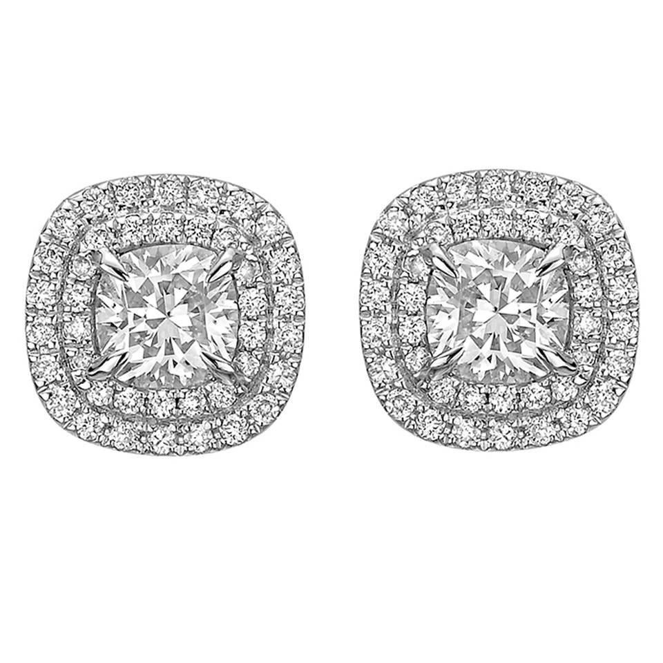 Cushion Cut Diamond Earrings
 Cushion Cut Diamond Double Halo Stud Earrings For Sale at