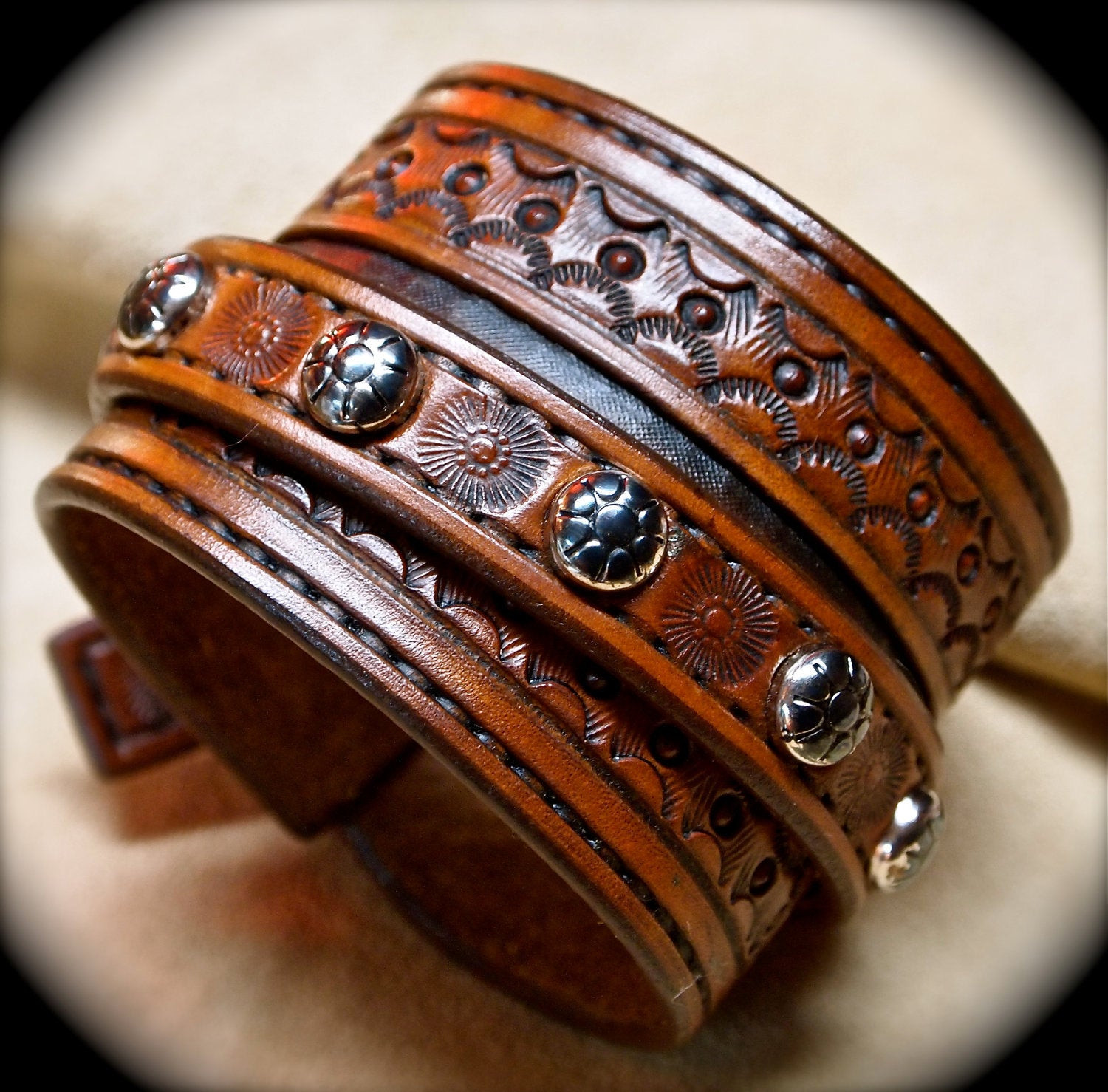 Customized Leather Bracelets
 Leather cuff bracelet Custom hand tooled Suntan brown Made for