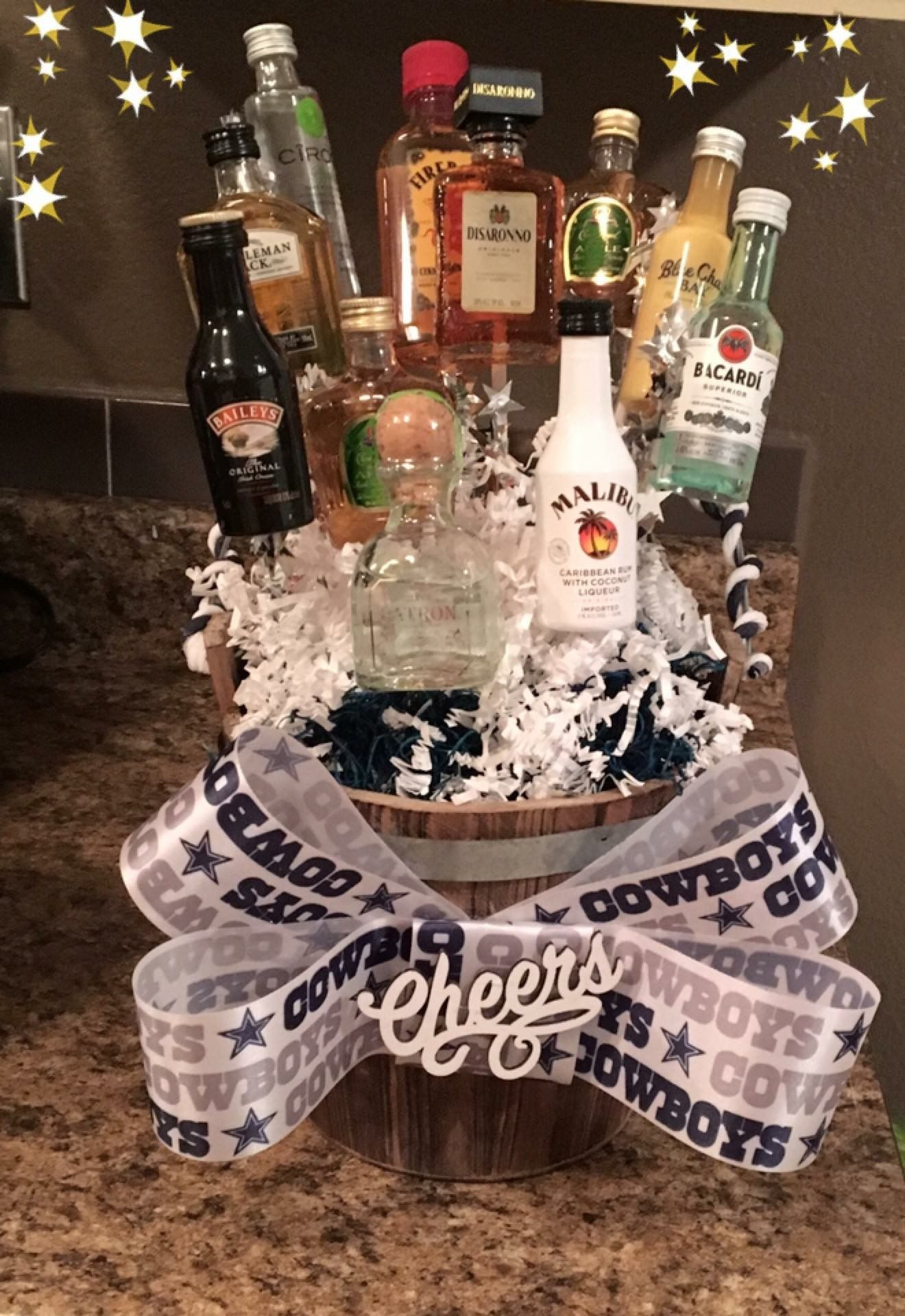 Dallas Cowboys Birthday Gift Ideas
 Dallas Cowboys liquor t basket for a birthday With