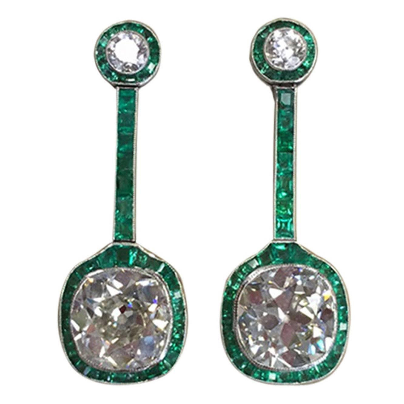 Diamond Earring Sale
 Art Deco Emerald Diamond Platinum Drop Earrings For Sale